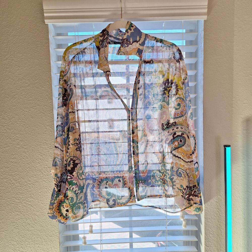 Zara Size L Sheer Women's Top/blouse Long Sleeve Boho Button Up
